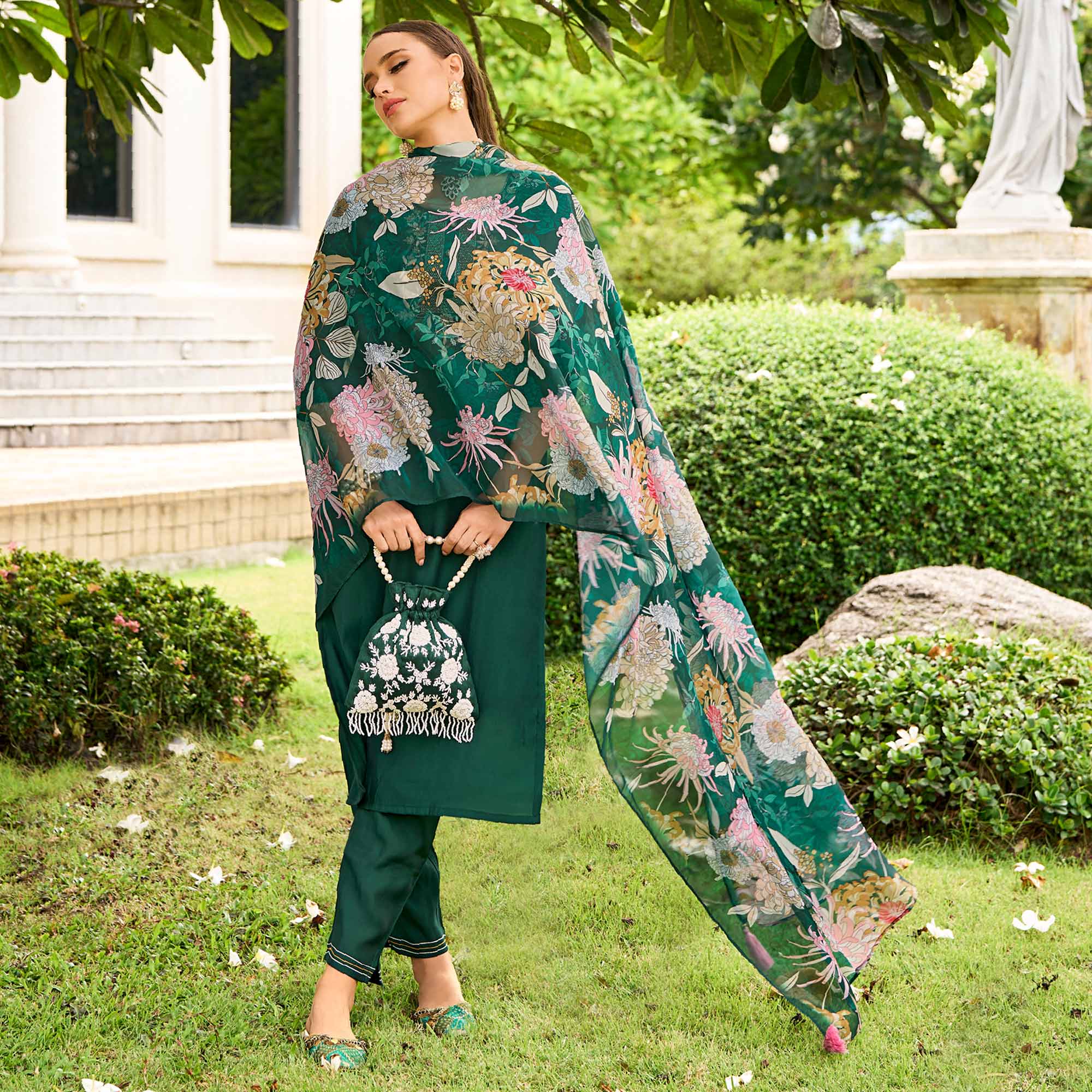 Green Floral Embroidered Chanderi Silk Suit