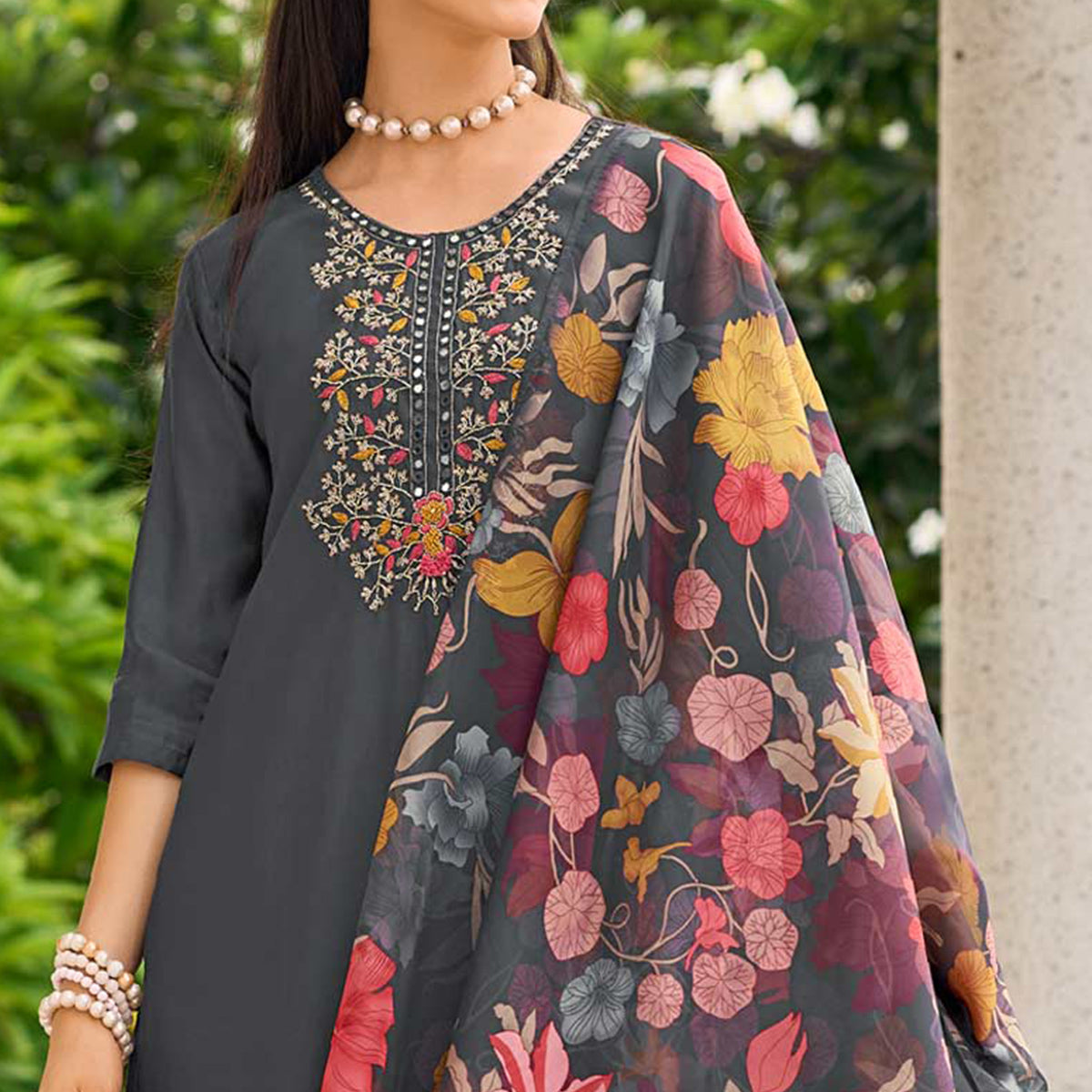 Grey Floral Embroidered Chanderi Silk Suit