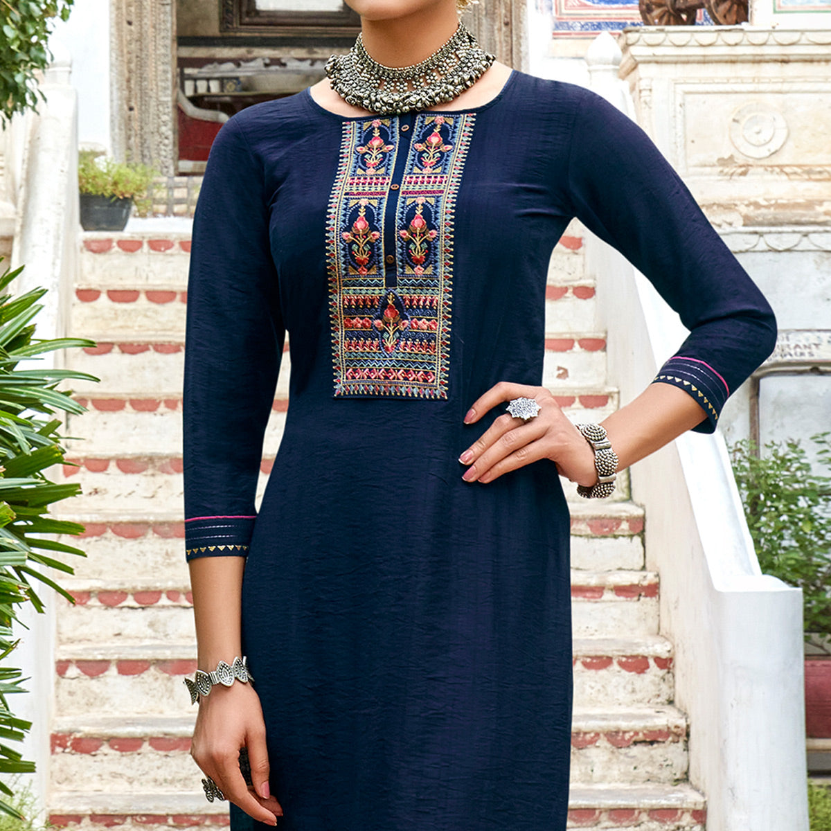 Blue Embroidered Viscose Kurti