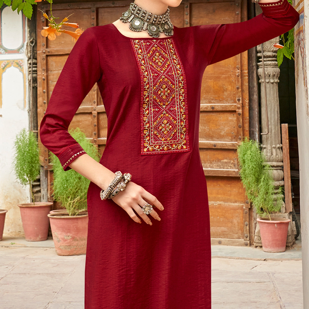 Dark Red Embroidered Viscose Kurti