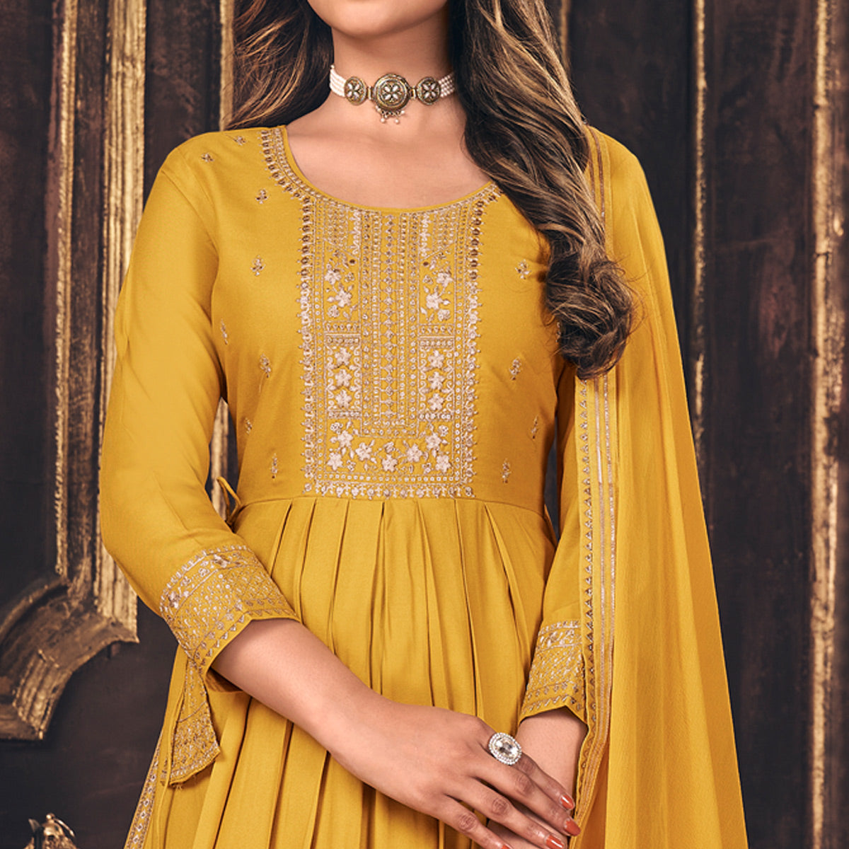 Yellow Embroidered Cotton Silk Naira Cut Suit