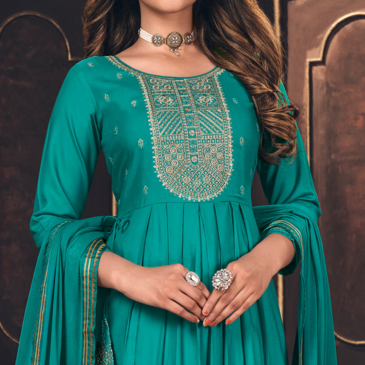 Turquoise Embroidered Cotton Silk Naira Cut Suit