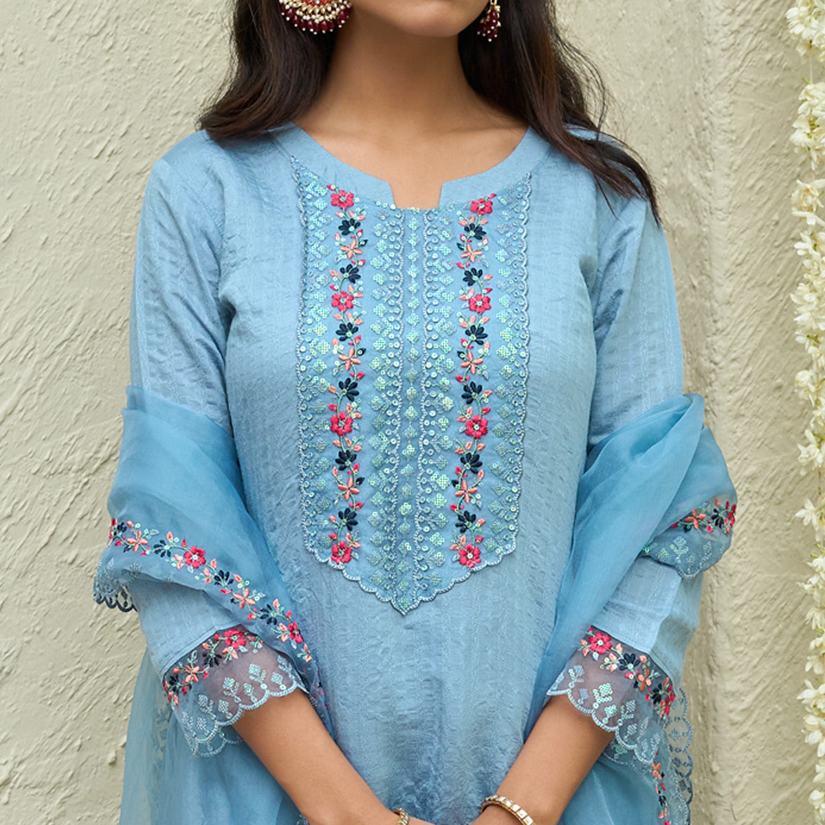 Blue Floral Embroidered Rayon Salwar Suit