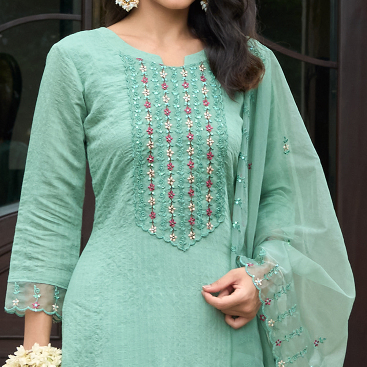 Turquoise Floral Embroidered Rayon Salwar Suit