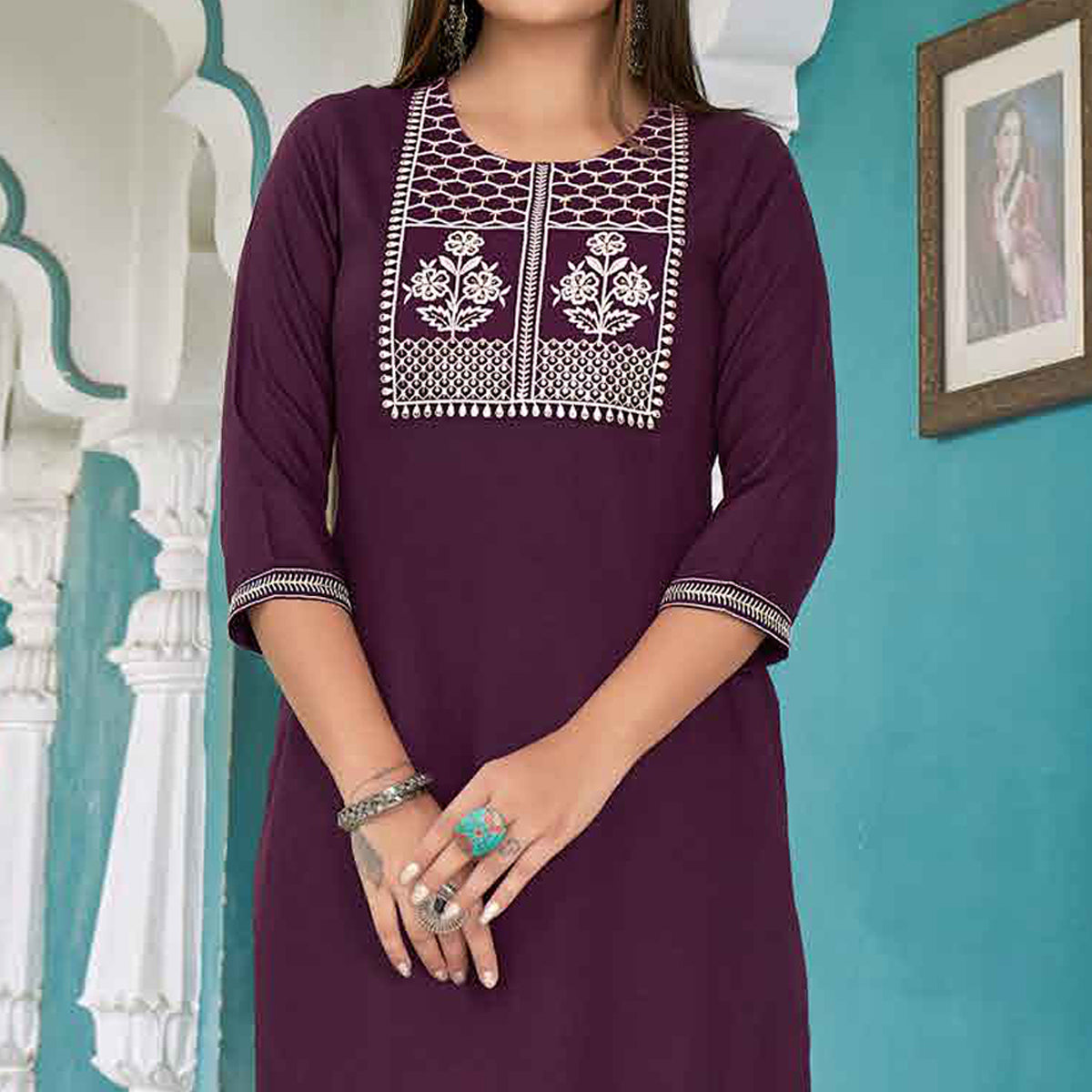Wine Floral Embroidered Rayon Kurti