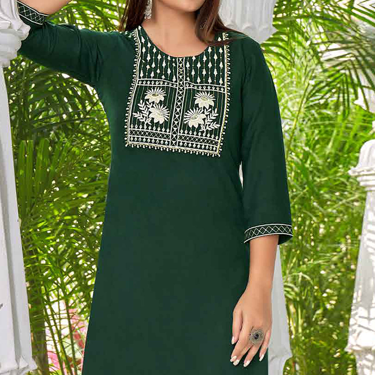 Green Floral Embroidered Rayon Kurti