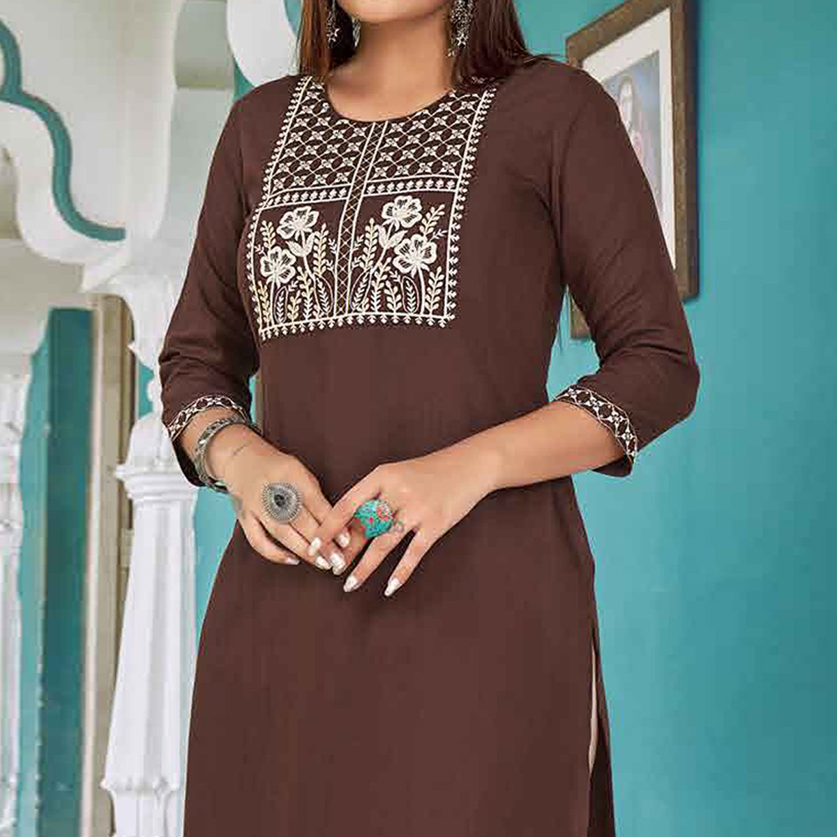 Brown Floral Embroidered Rayon Kurti