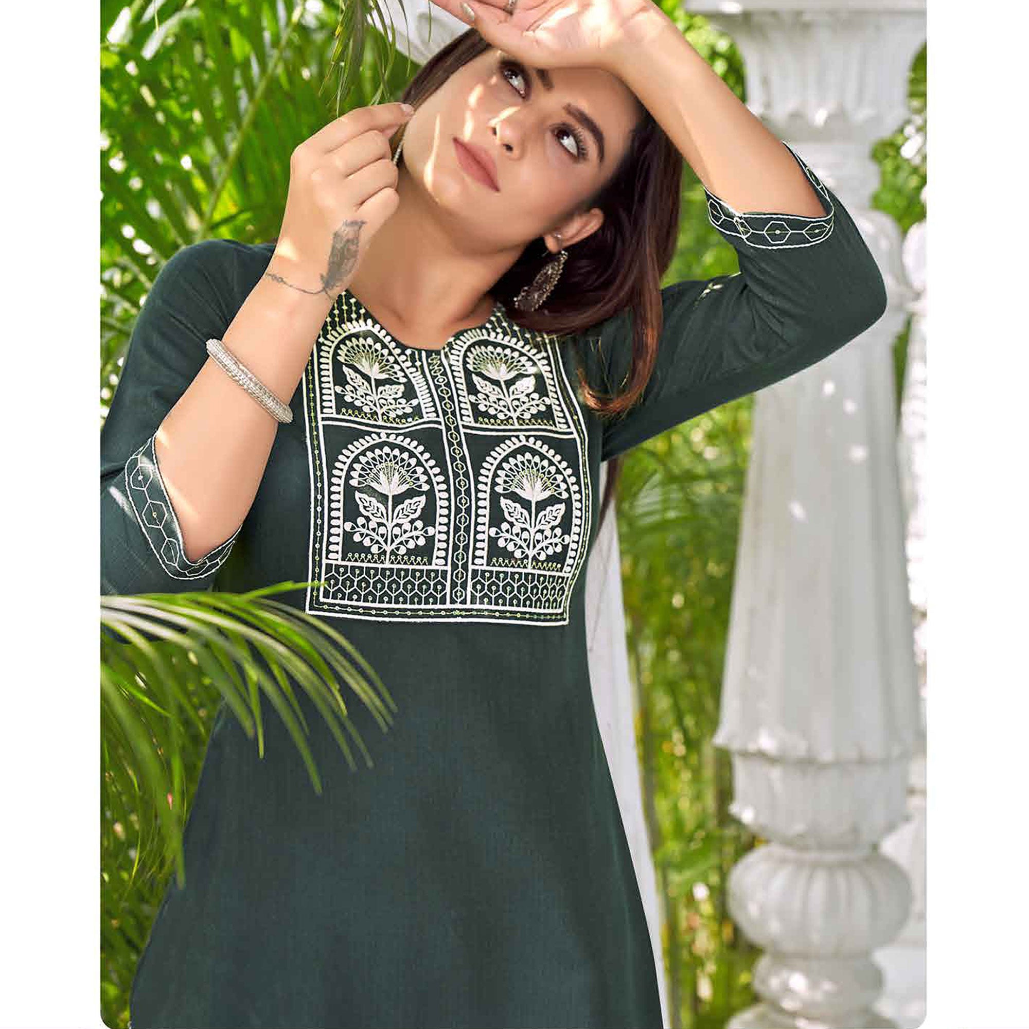 Grey Floral Embroidered Rayon Kurti