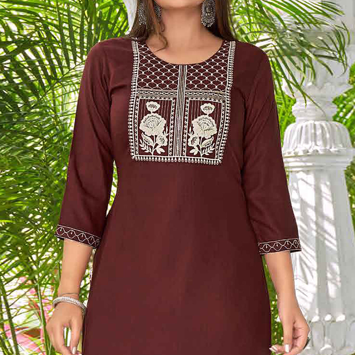 Rust Floral Embroidered Rayon Kurti