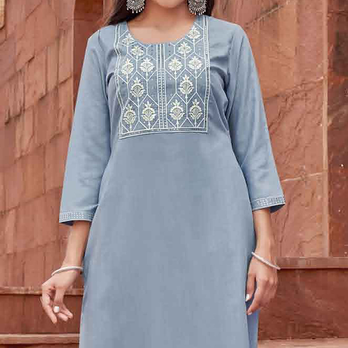 Sky Blue Floral Embroidered Rayon Kurti