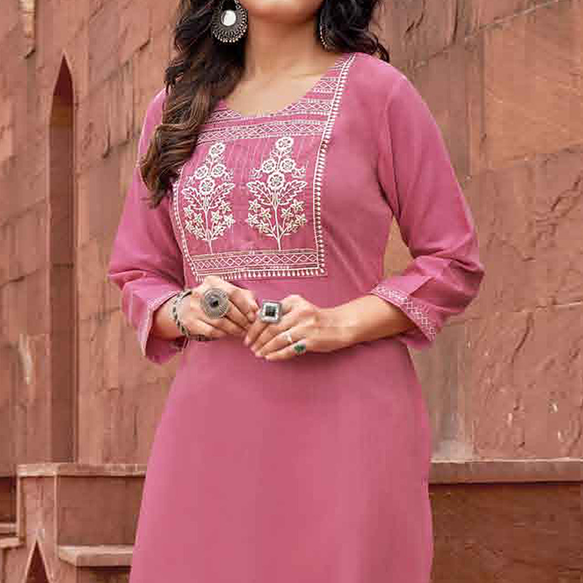 Pink Floral Embroidered Rayon Kurti