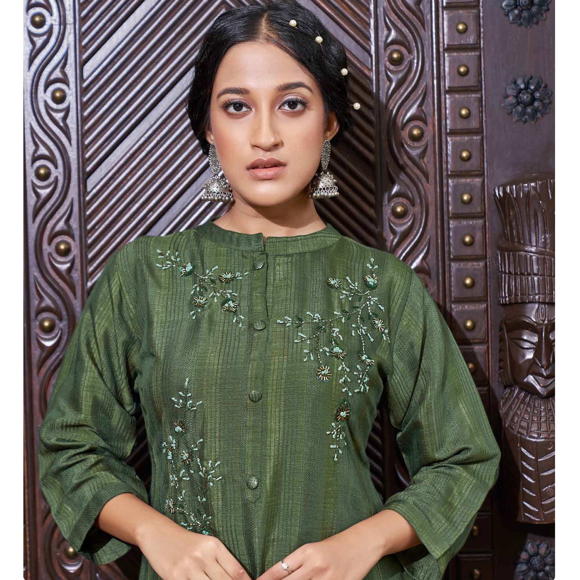 Green Floral Embroidered Rayon Kurti