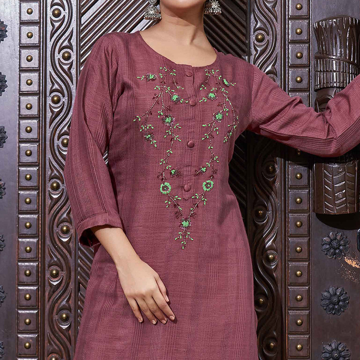 Dark Mauve  Floral Embroidered Rayon Kurti