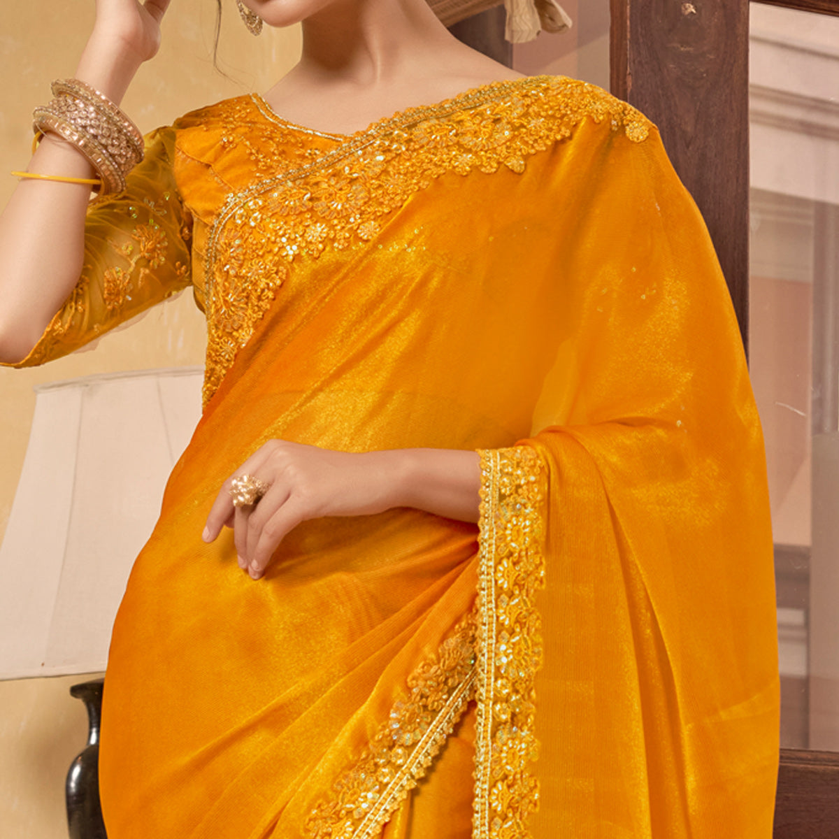 Yellow Sequins With Embroidered Chiffon Saree