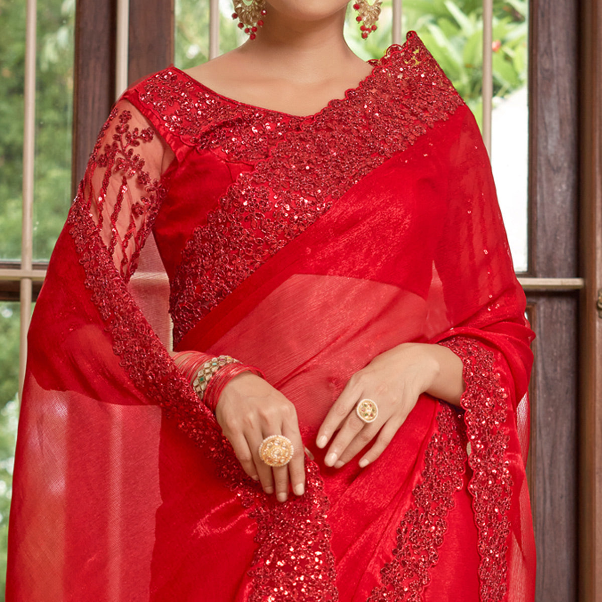 Red Sequins With Embroidered Chiffon Saree