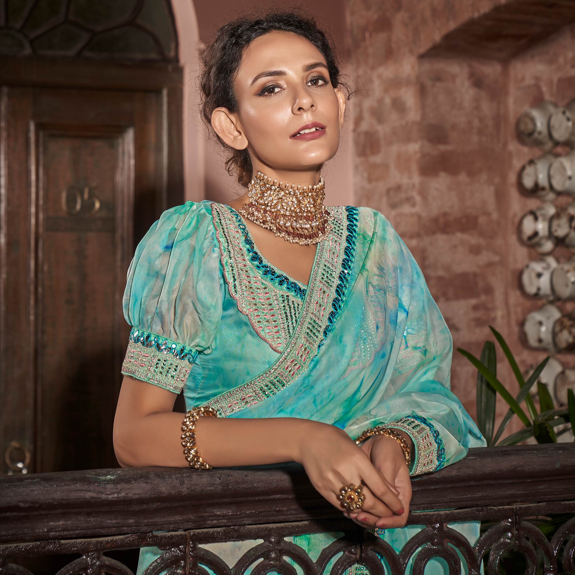 Turquoise Abstract Printed With Embroidered Organza Saree