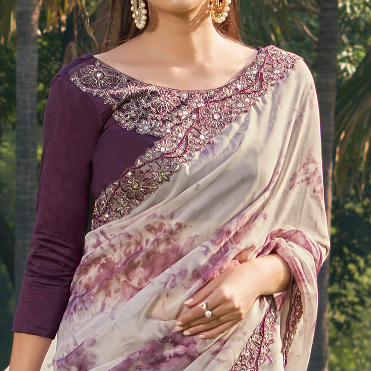 Wine Abstract Printed With Embroidered Organza Saree