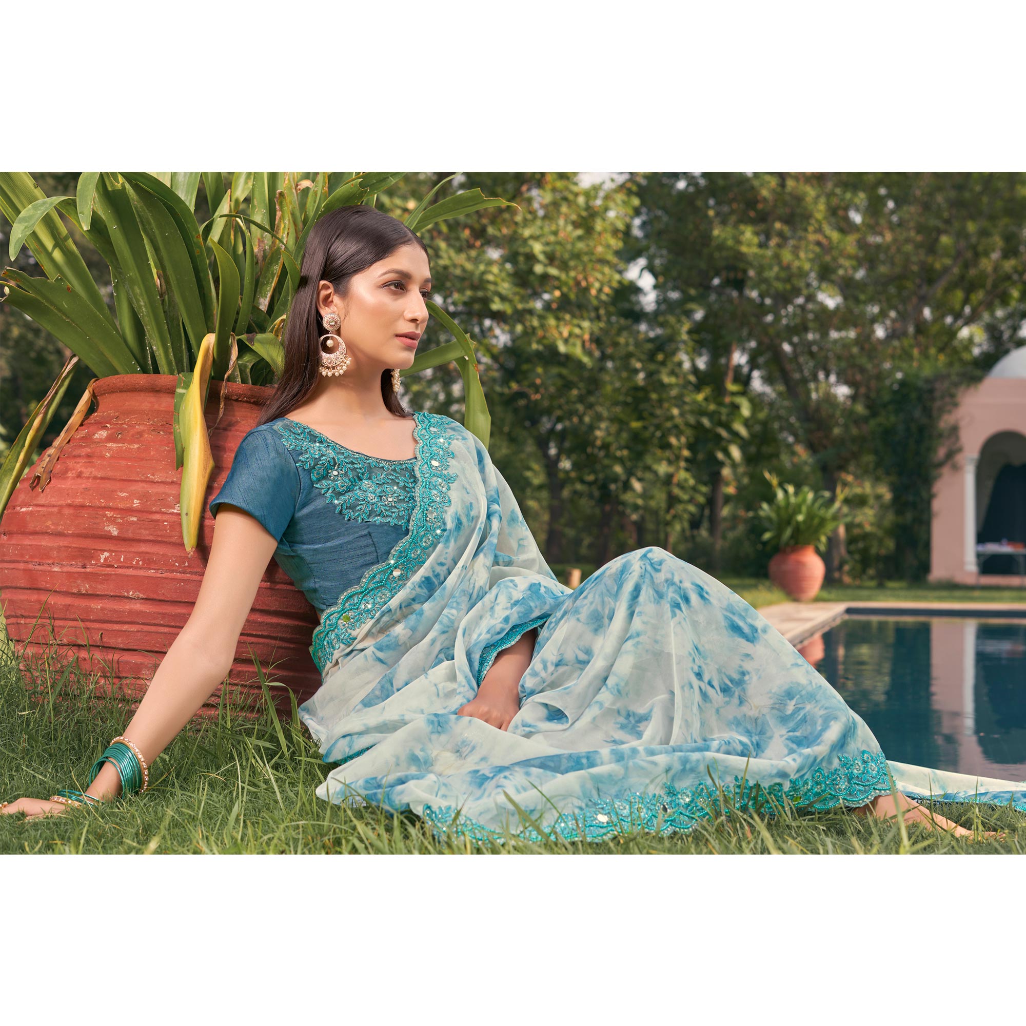 Blue Abstract Printed With Embroidered Organza Saree