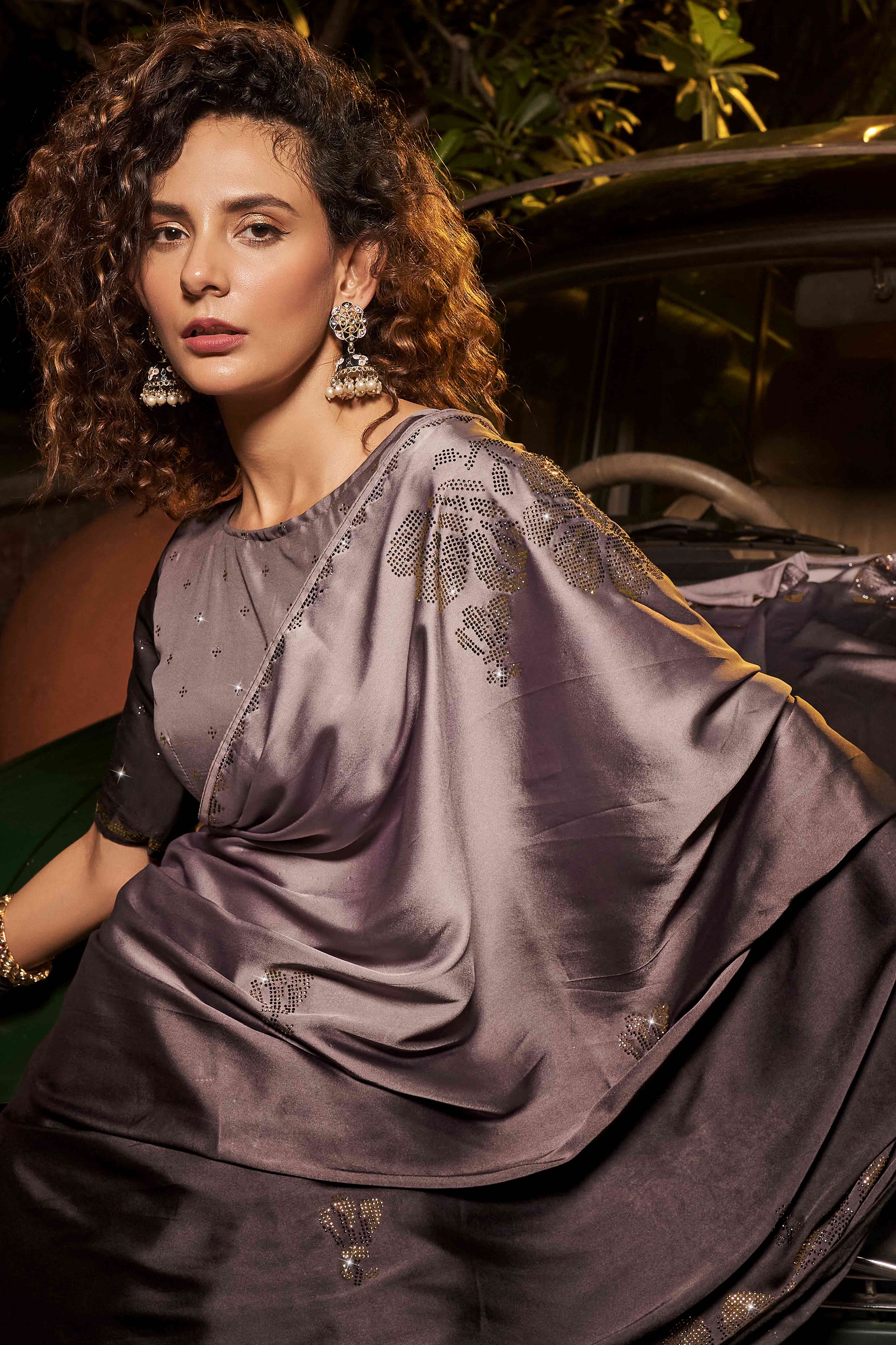 Woody Brown Swarovski Work Embroidered Ombre Satin Saree