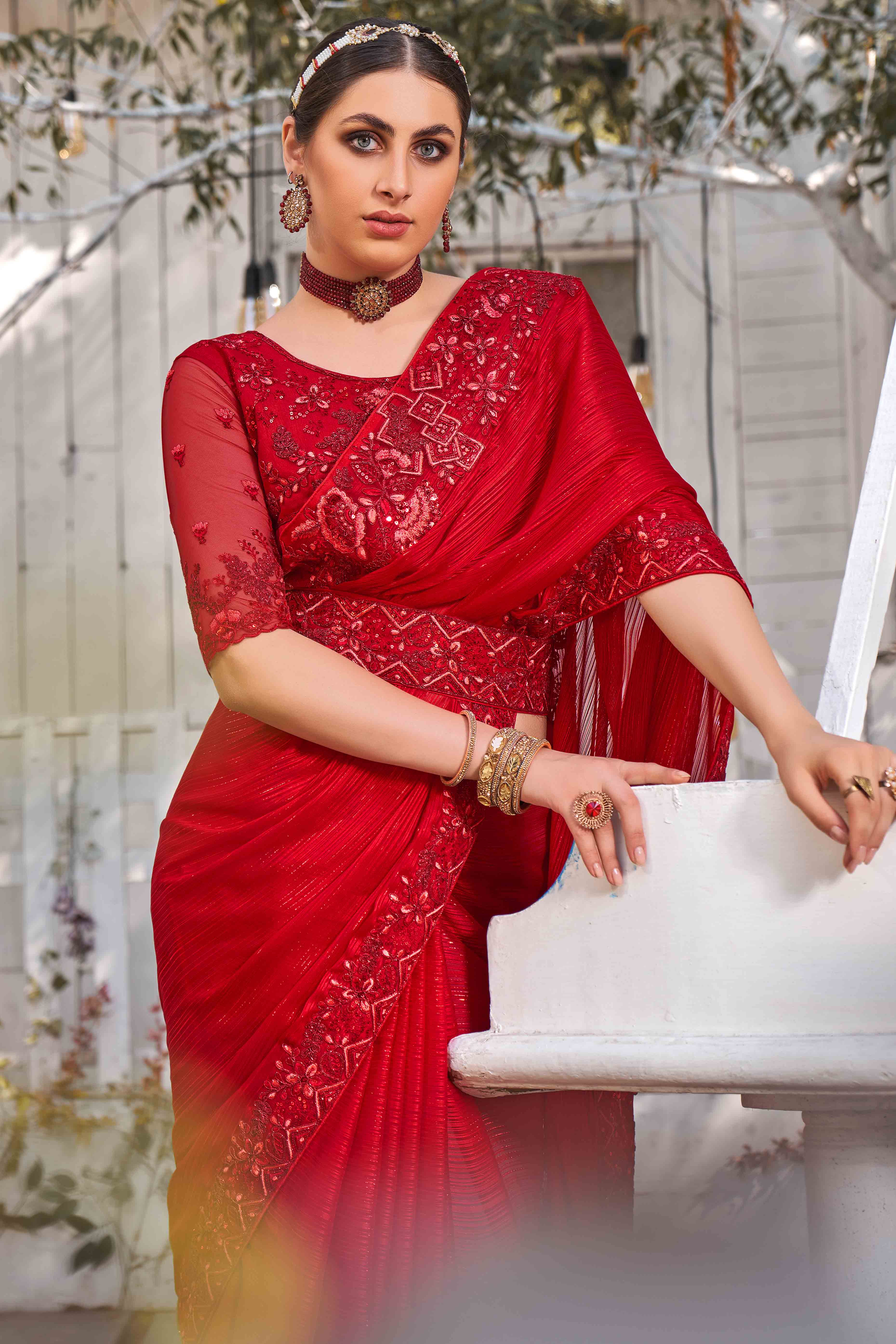 Red Sequins With Floral Embroidered Georgette Saree