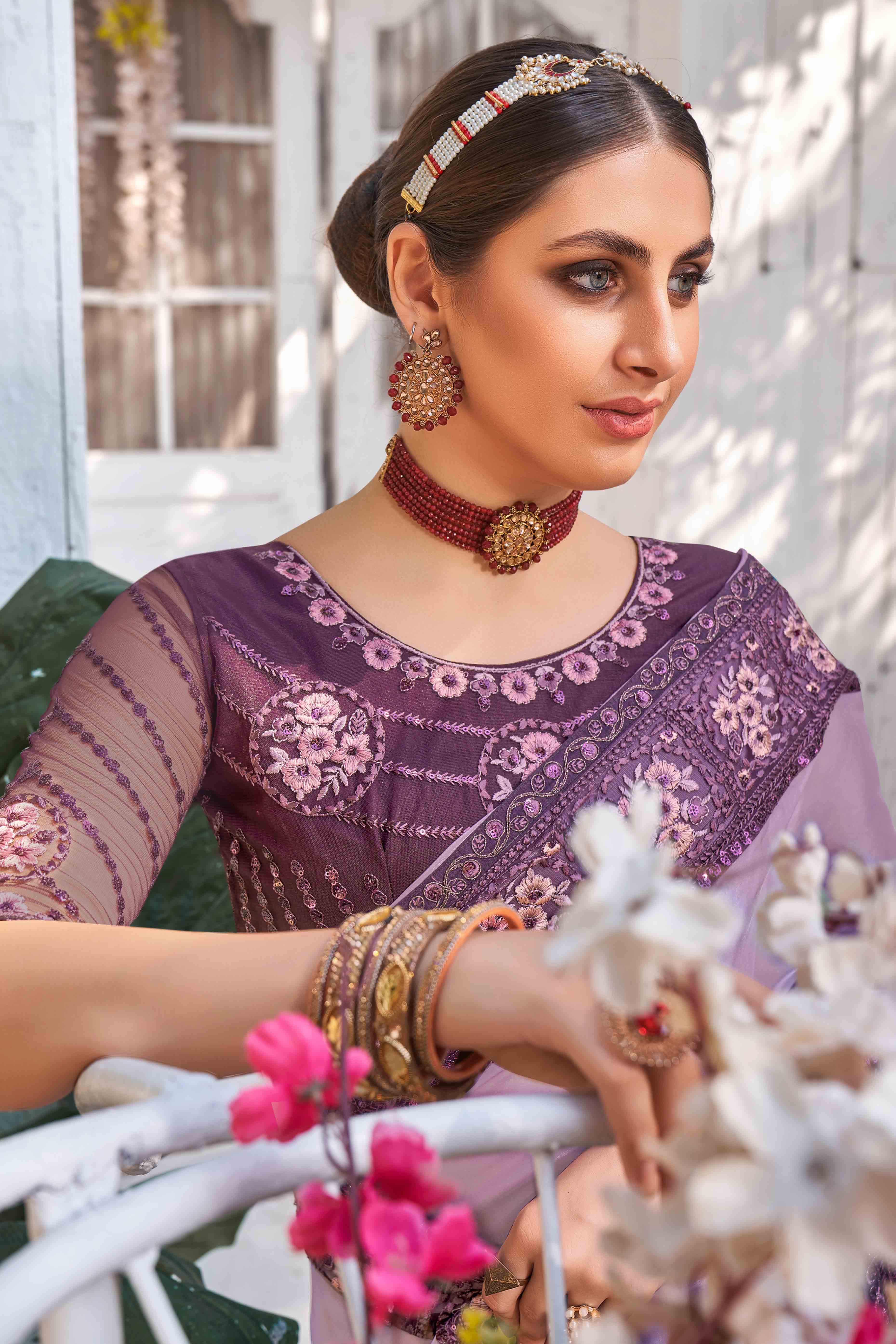 Purple Sequins With Floral Embroidered Georgette Saree