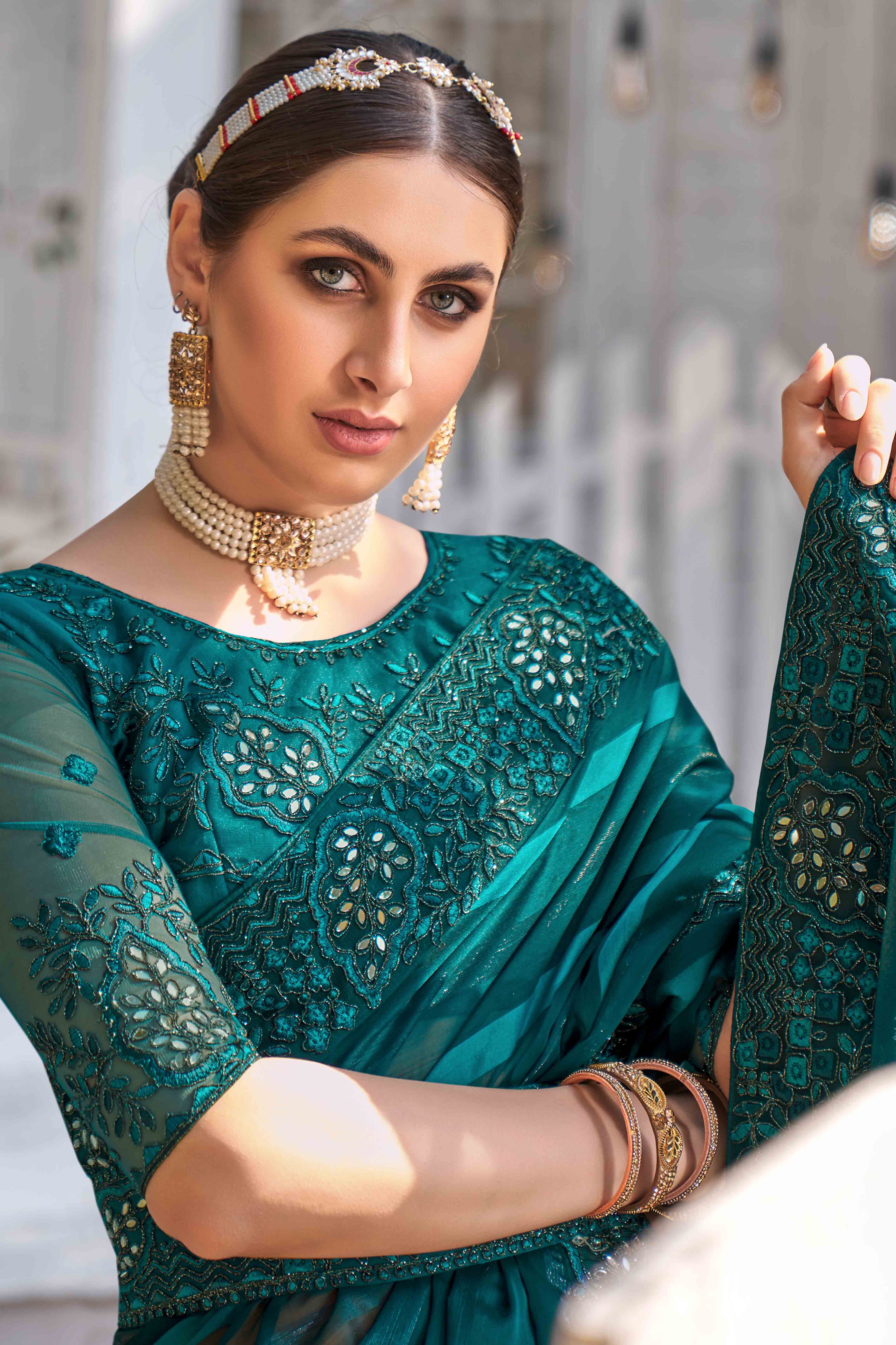 Teal Sequins With Floral Embroidered Georgette Saree