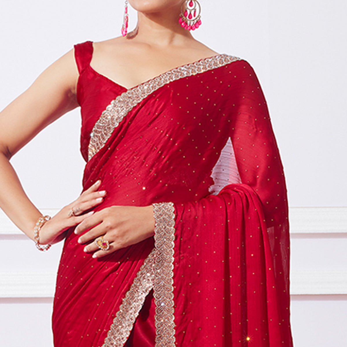 Red Embroidered Swaroski Work Satin Saree