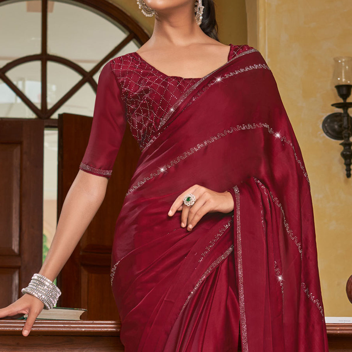 Maroon Swarovski Work Georgette Saree