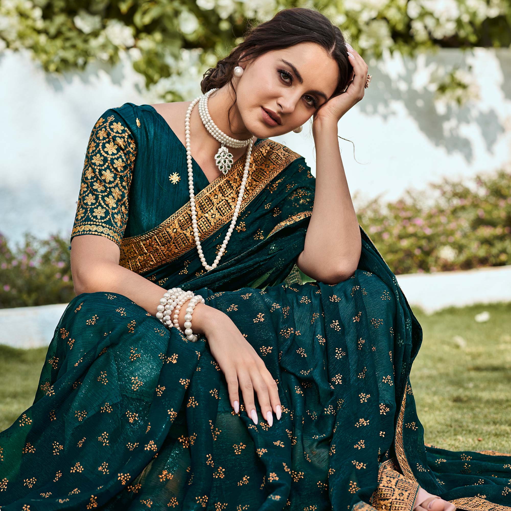 Dark Teal Green Foil Printed Georgette Saree With Embroidered Border