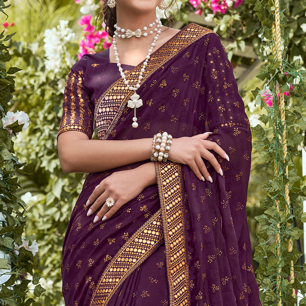 Wine Foil Printed Georgette Saree With Embroidered Border