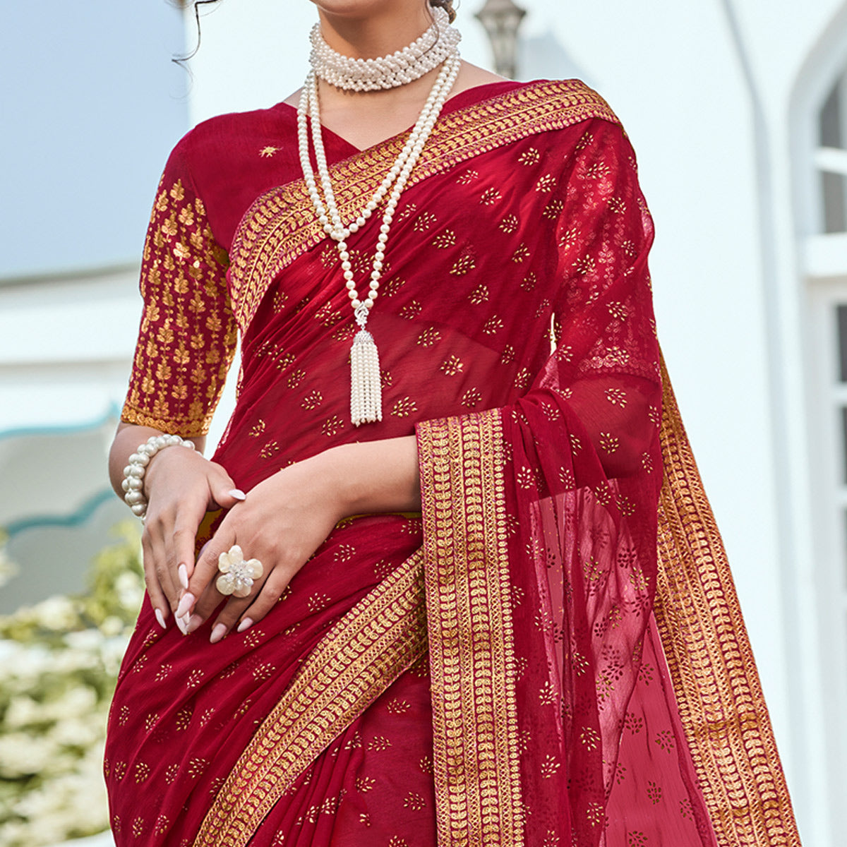 Maroon Foil Printed Georgette Saree With Embroidered Border