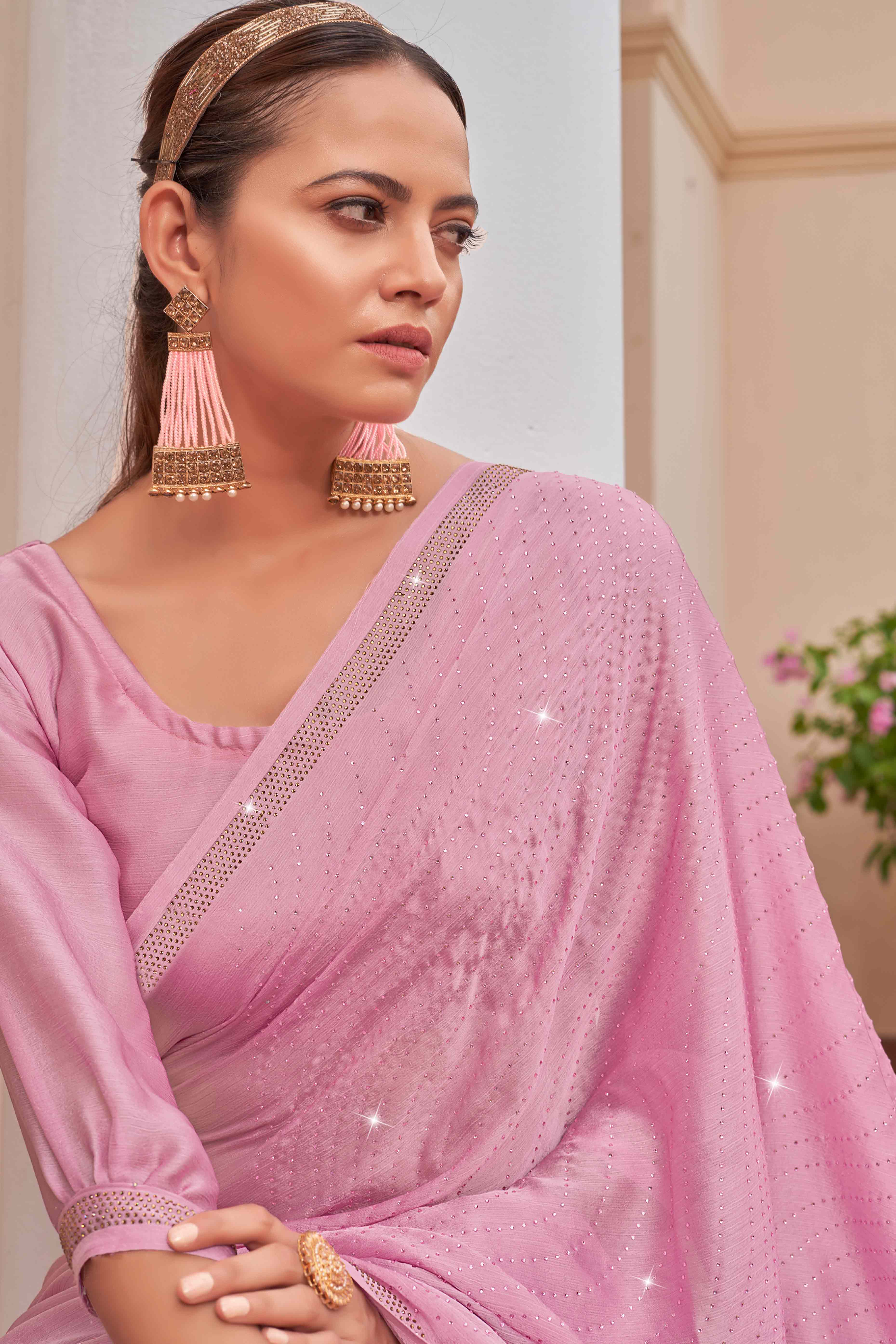 Pink Swarovski Work Embroidered Satin Saree