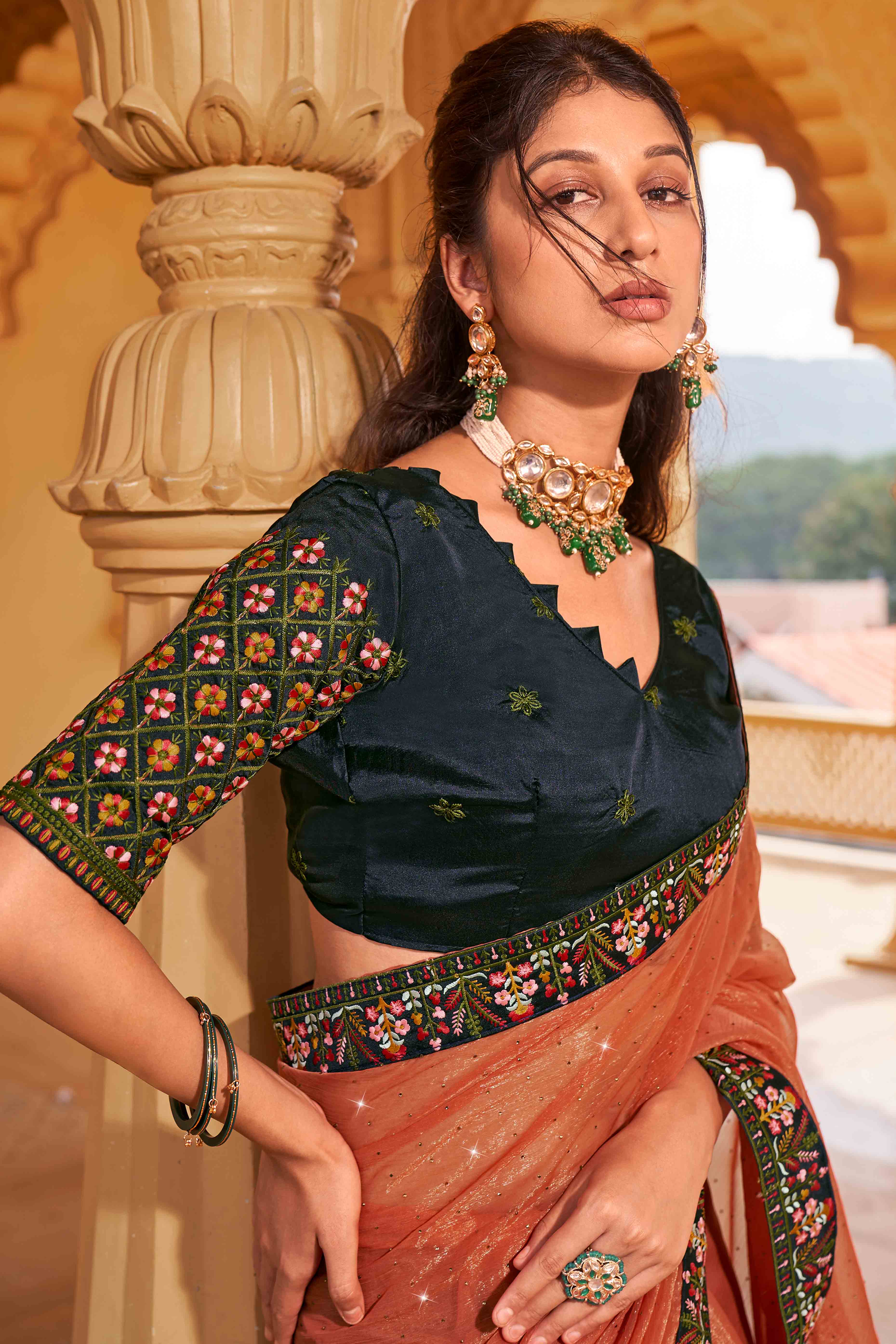Orange Swarovski Work Embroidered Shimmer Saree