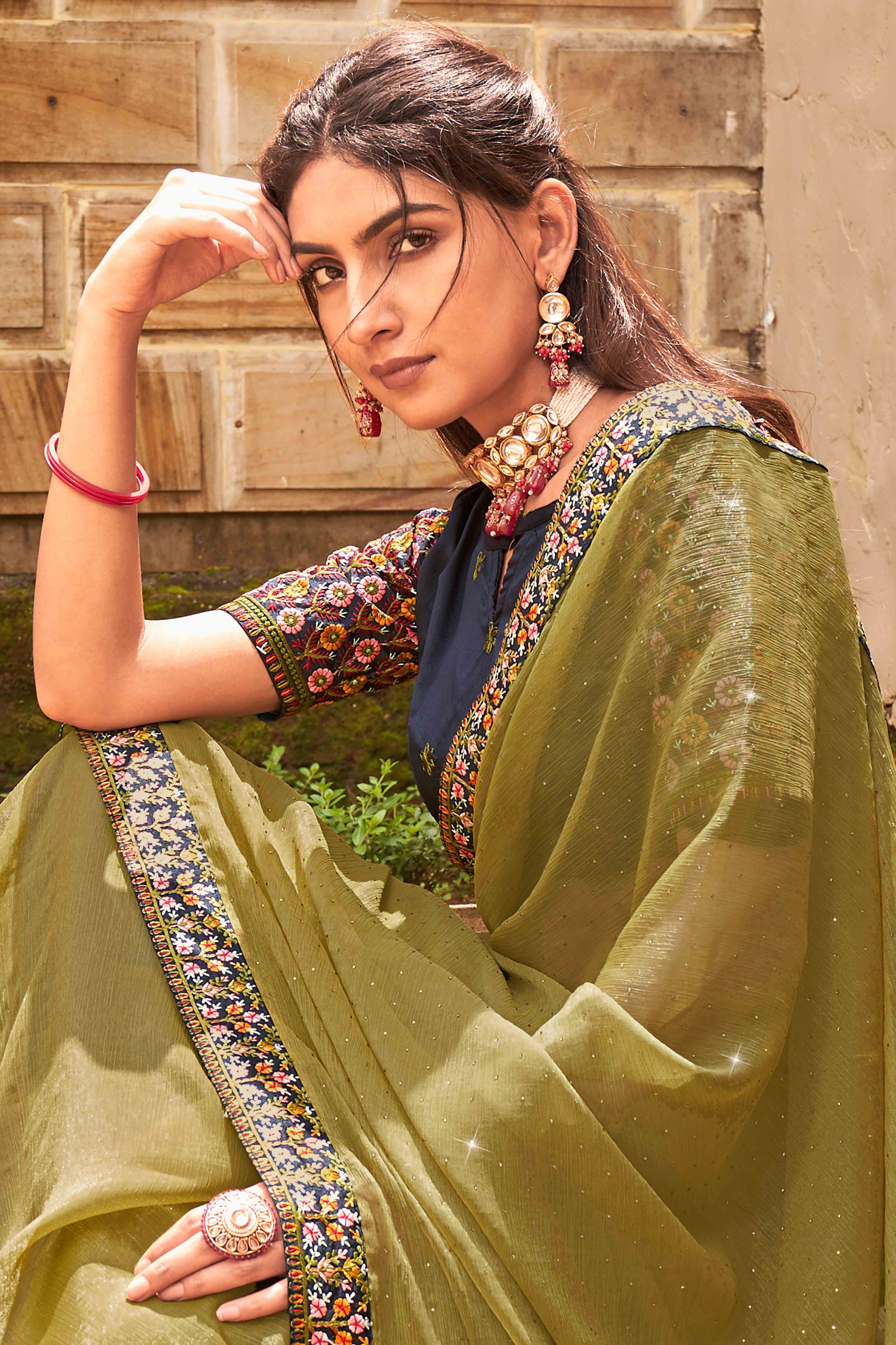 Green Swarovski Work Embroidered Shimmer Saree