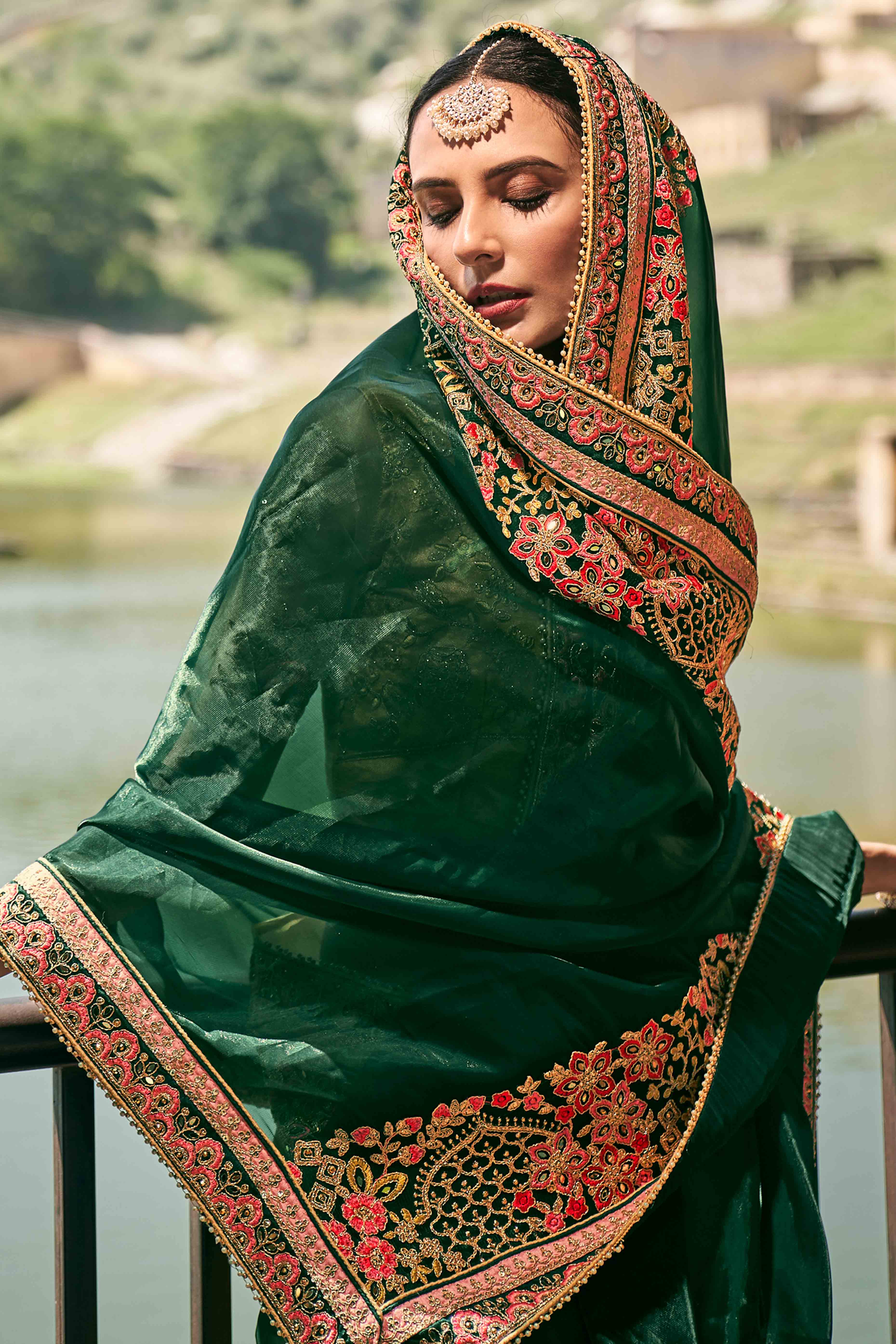 Green And Yellow Sequins With Floral Embroidered Organza Saree