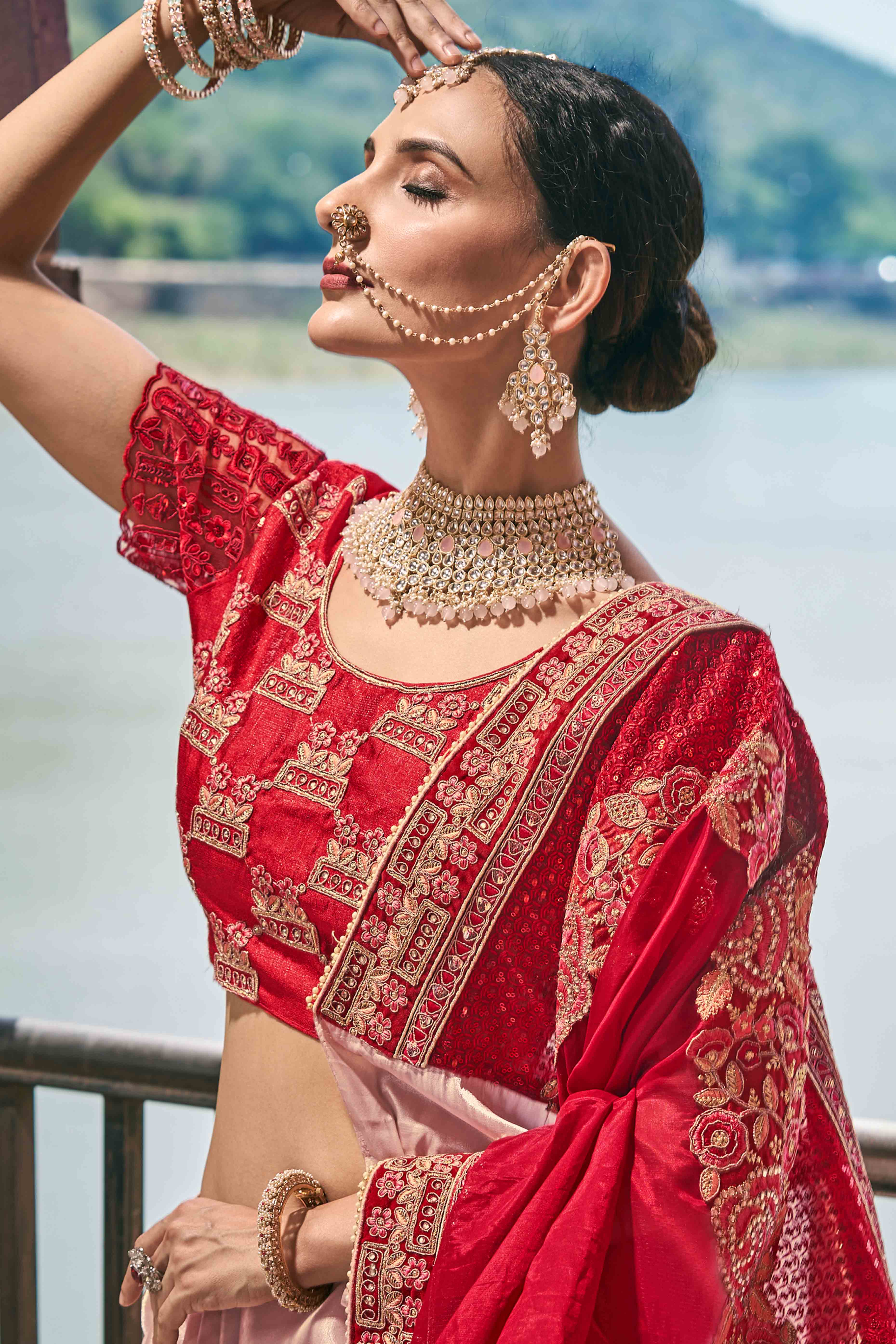 Red And Pink Sequins With Floral Embroidered Organza Saree