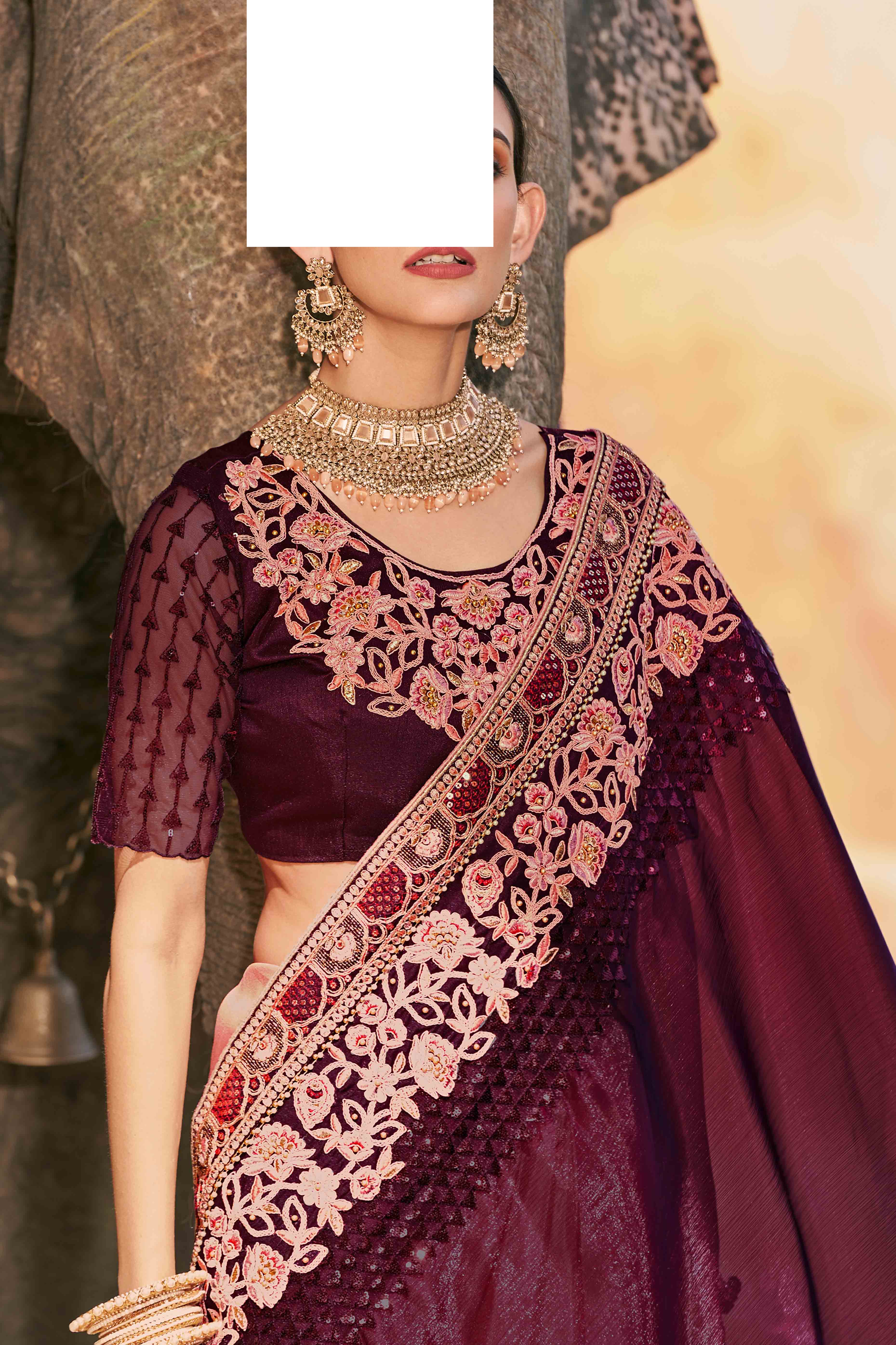 Wine And Pink Sequins With Floral Embroidered Organza Saree