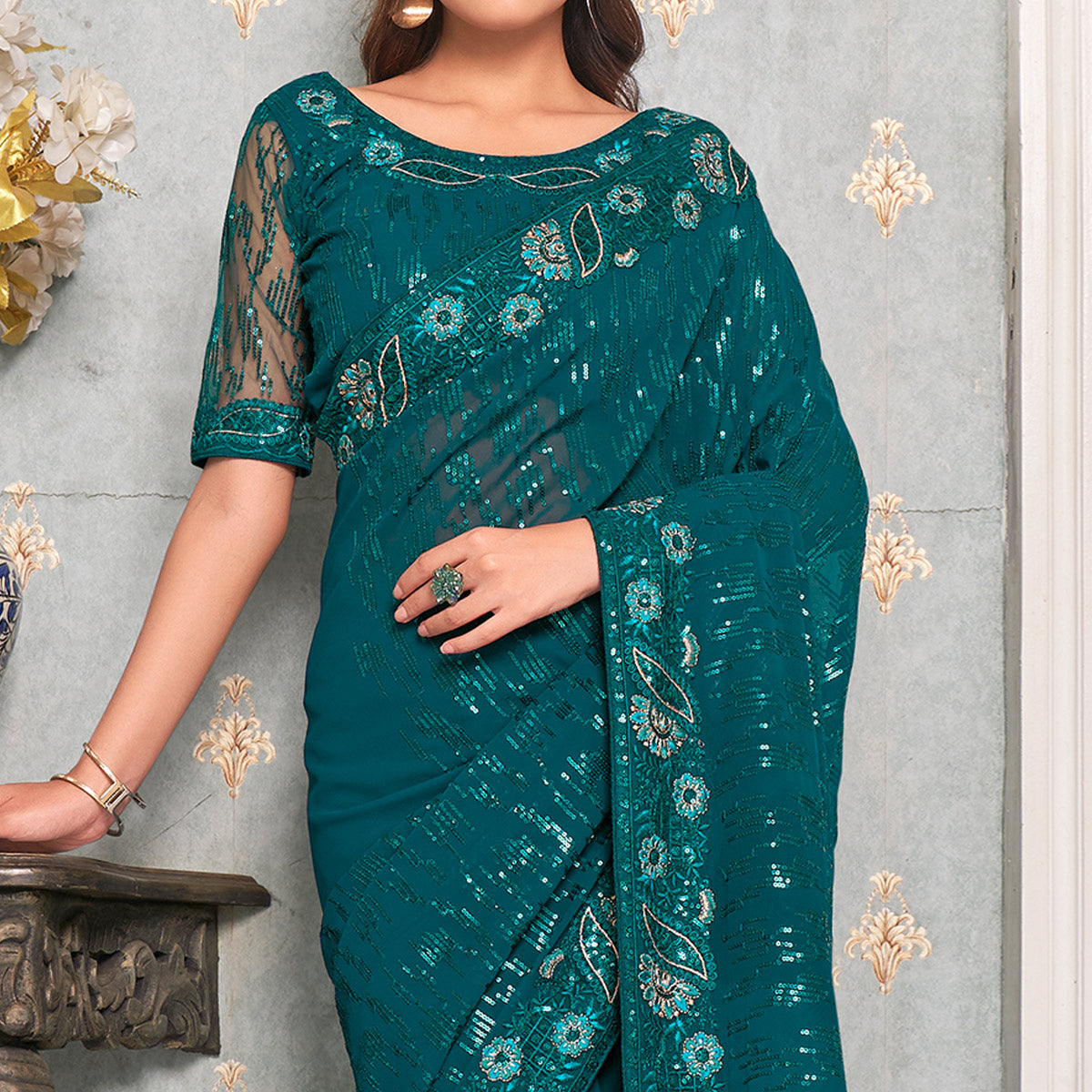 Teal Sequins Embroidered Georgette Saree