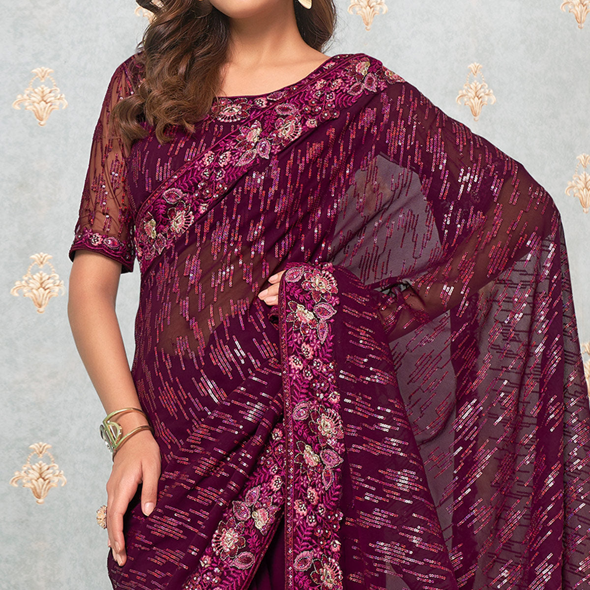 Wine Sequins Embroidered Georgette Saree