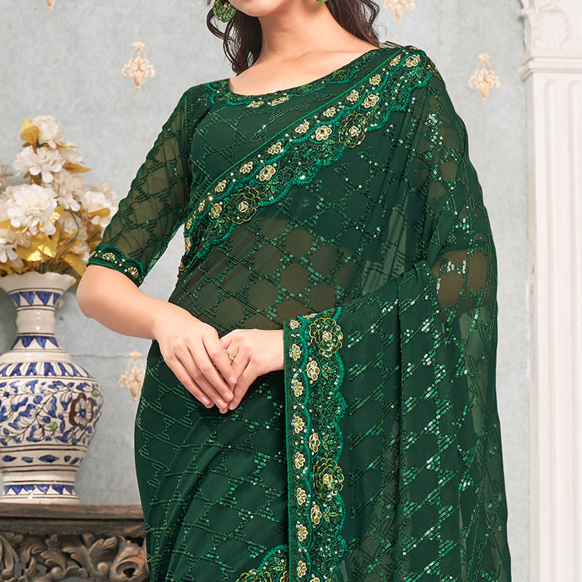 Green Sequins Embroidered Georgette Saree