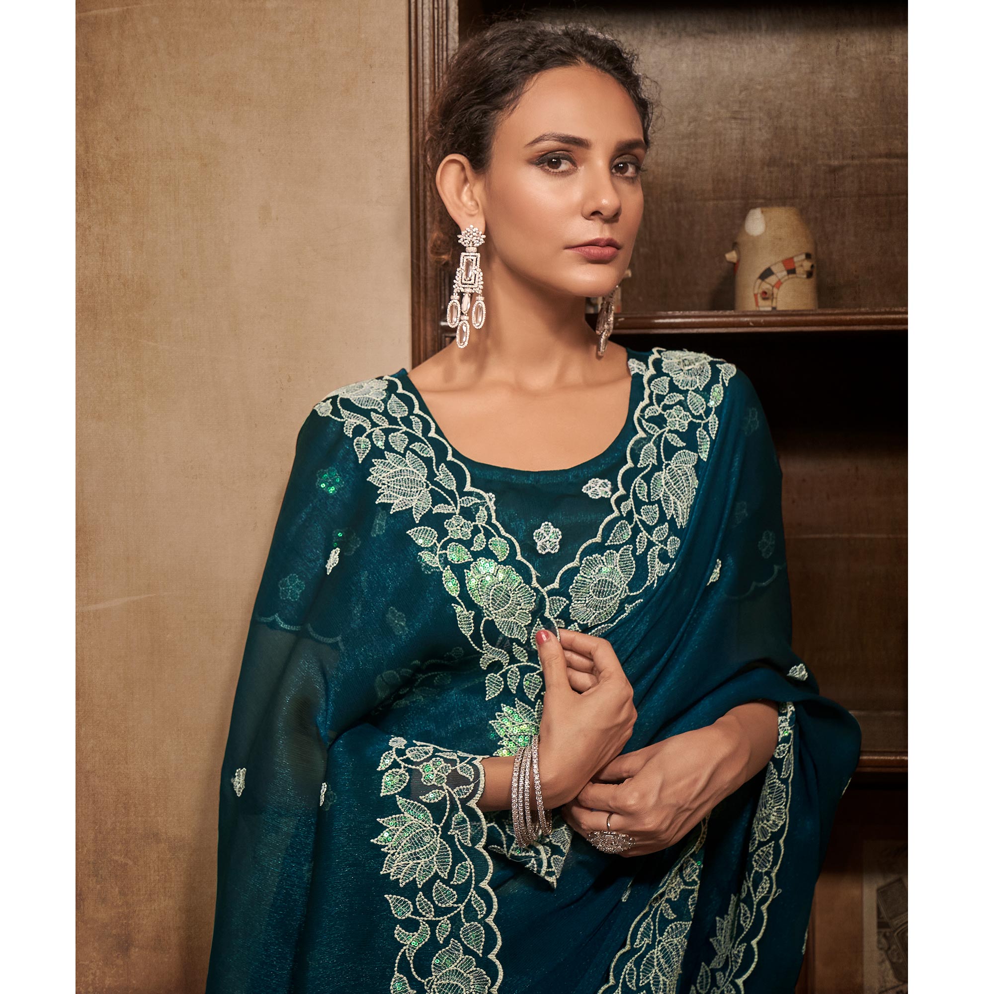 Teal Blue Sequins With Embroidered Chiffon Saree