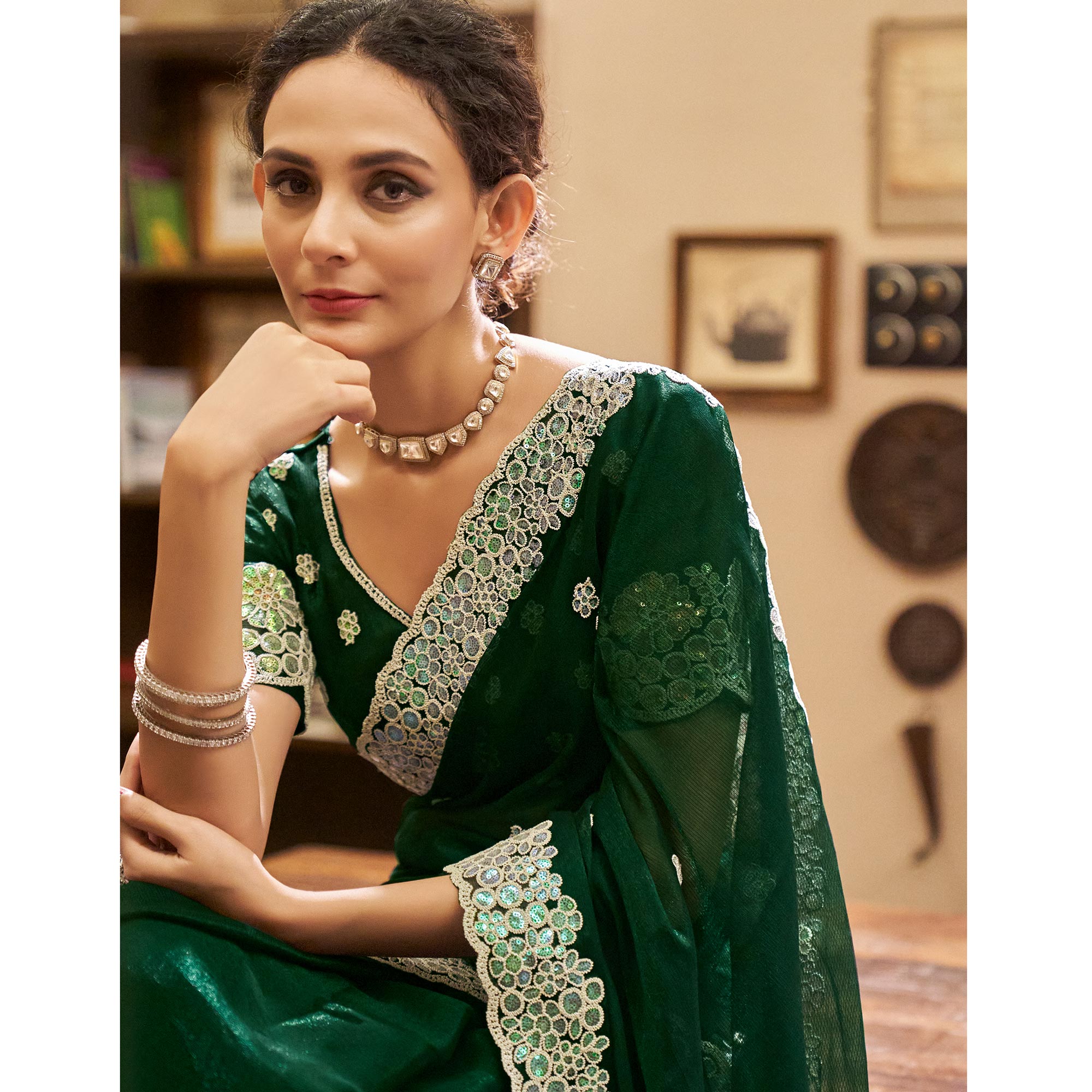 Bottle Green Sequins With Embroidered Chiffon Saree