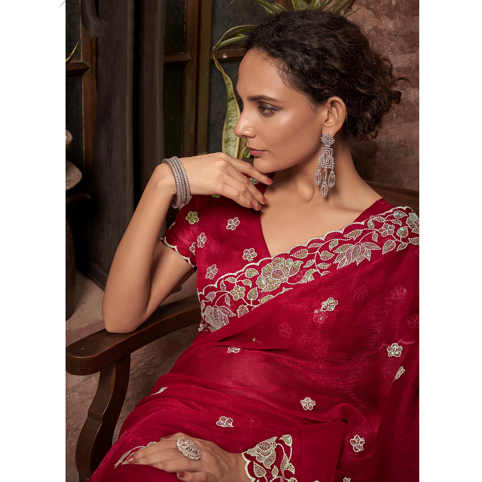 Red Sequins With Embroidered Chiffon Saree
