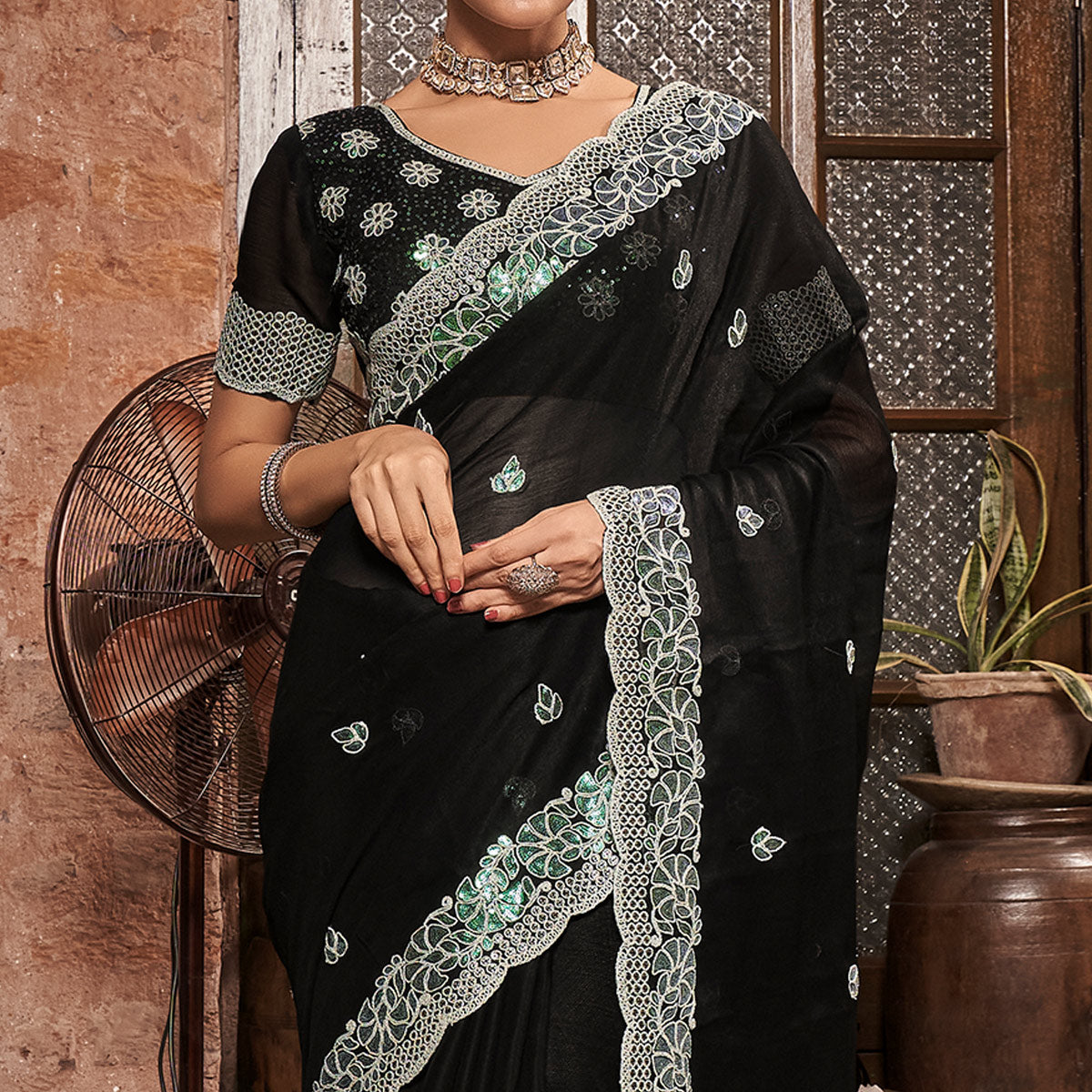 Black Sequins With Embroidered Chiffon Saree