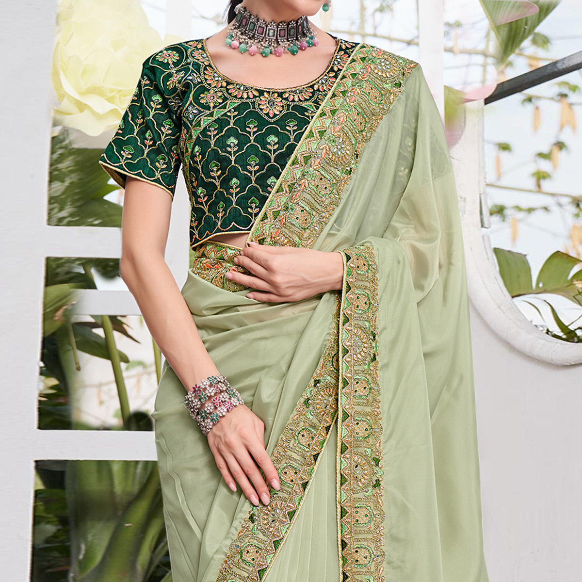 Green Solid With Embroidered Border Organza Saree