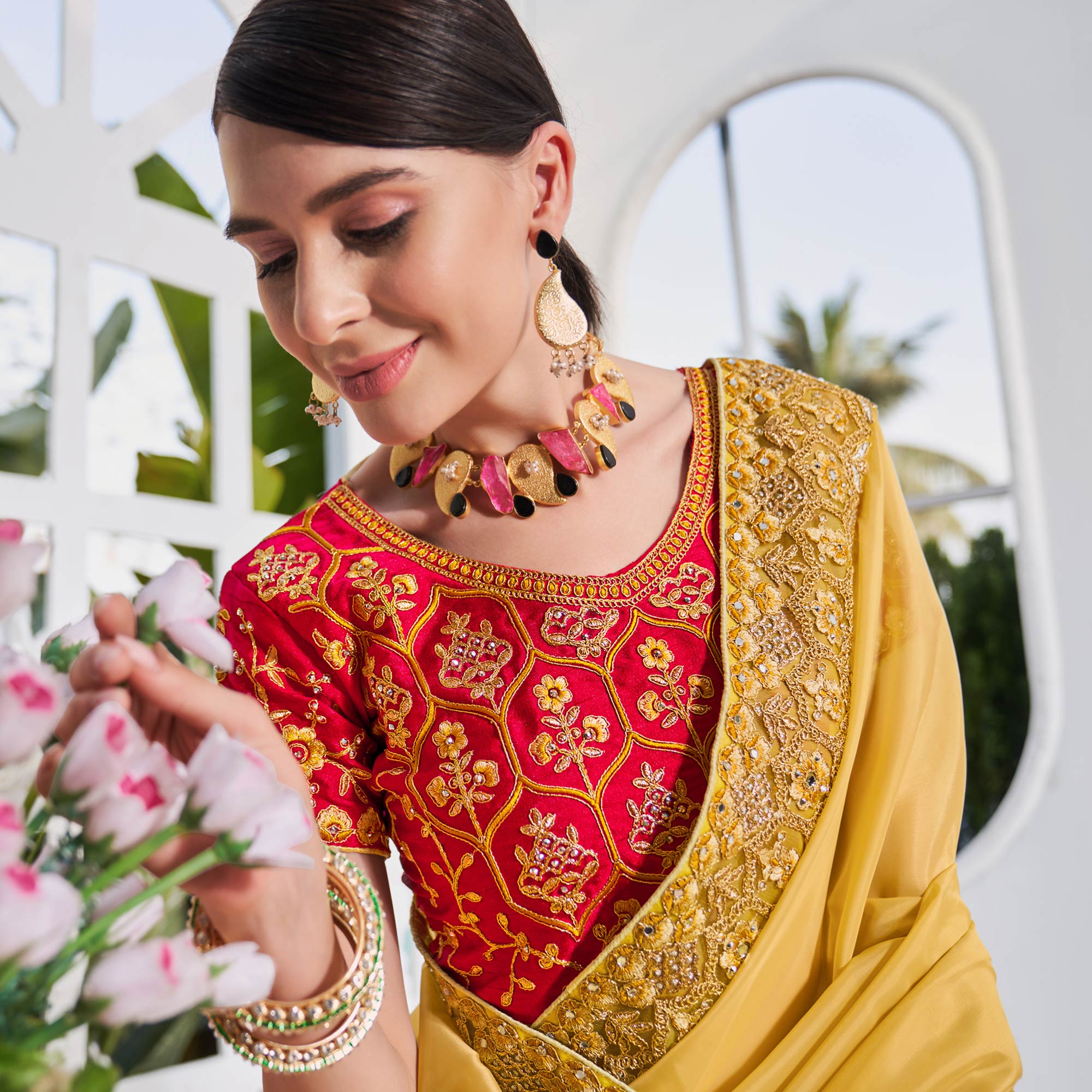 Yellow Solid With Embroidered Border Organza Saree