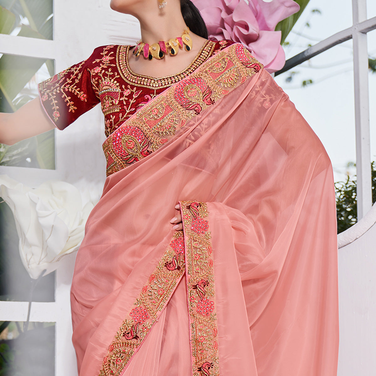 Peach Solid With Embroidered Border Organza Saree