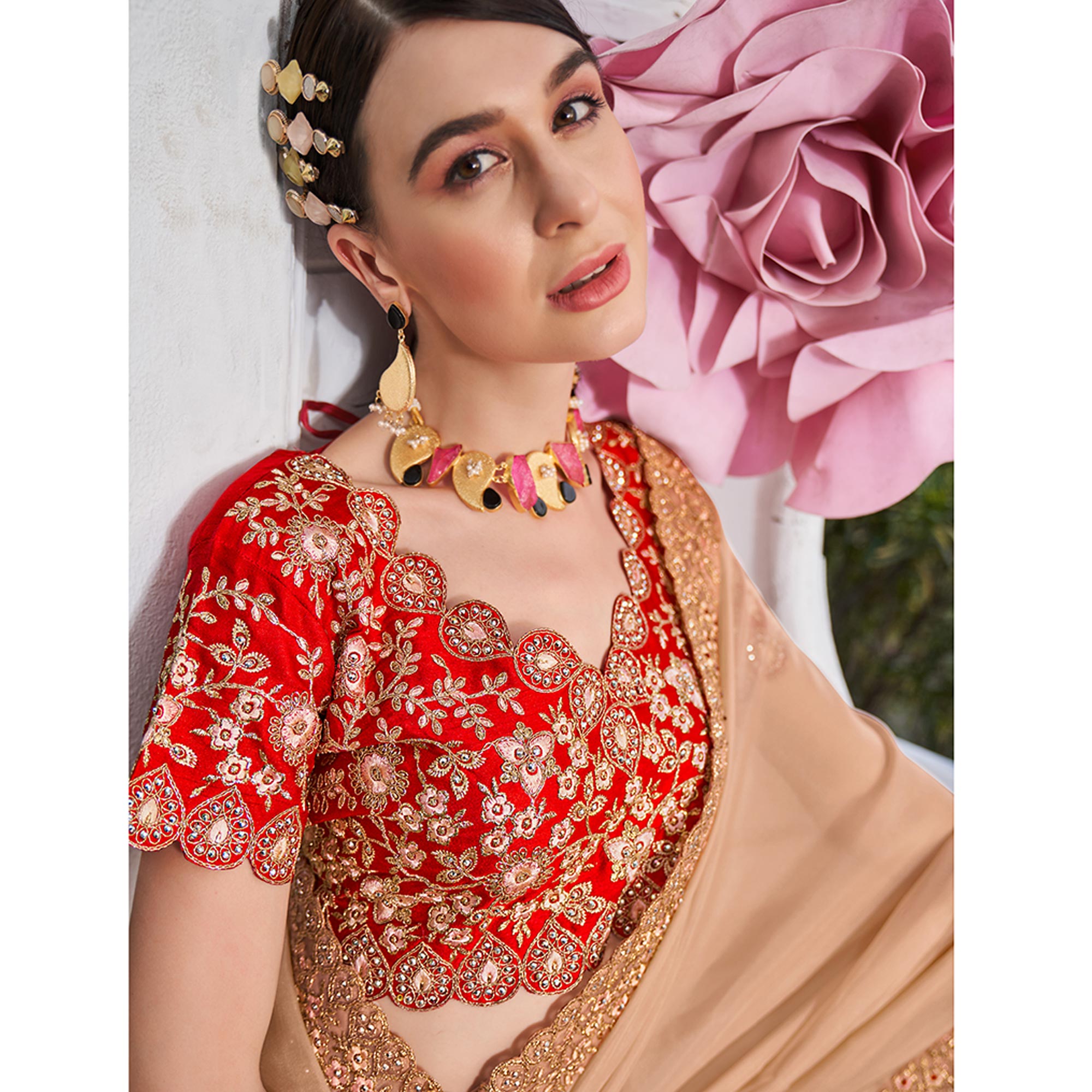 Beige Solid With Embroidered Border Organza Saree