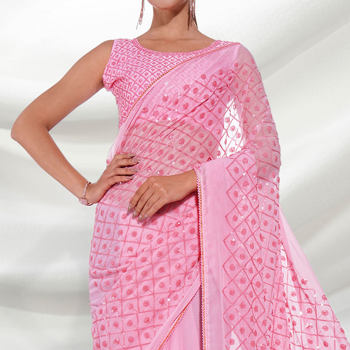 Pink Sequins Embroidered Georgette Saree