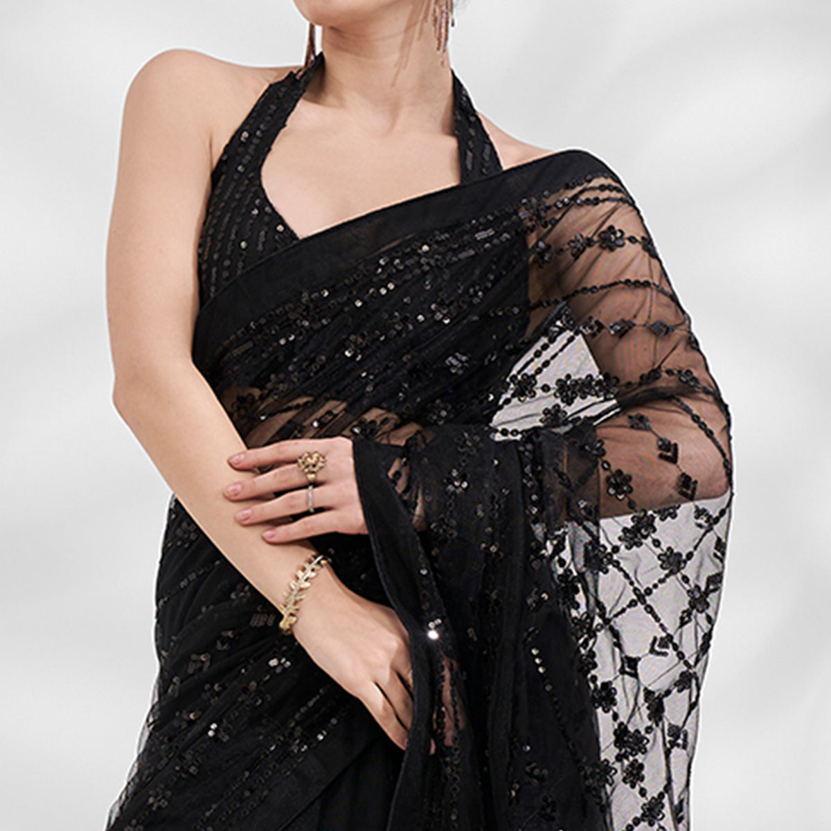 Black Embroiderd Sequinned Net Saree